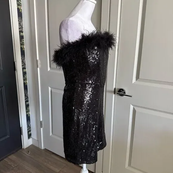 Windsor Black Sequins Strapless Corset Mini Dress with Feather Neckline Size L - Picture 3 of 9